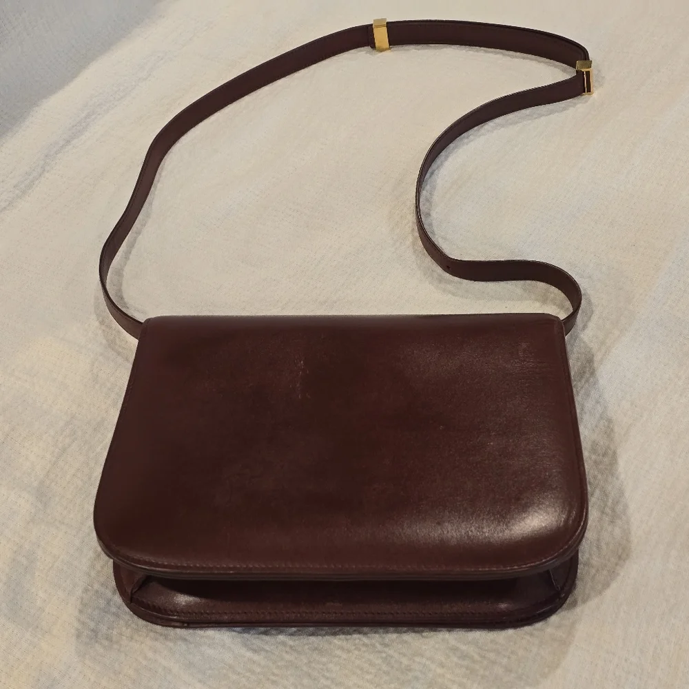 Celine Classic Box Leather Medium Bag Flap Purse Teen Triomphe Burgandy Brown - Picture 3 of 16
